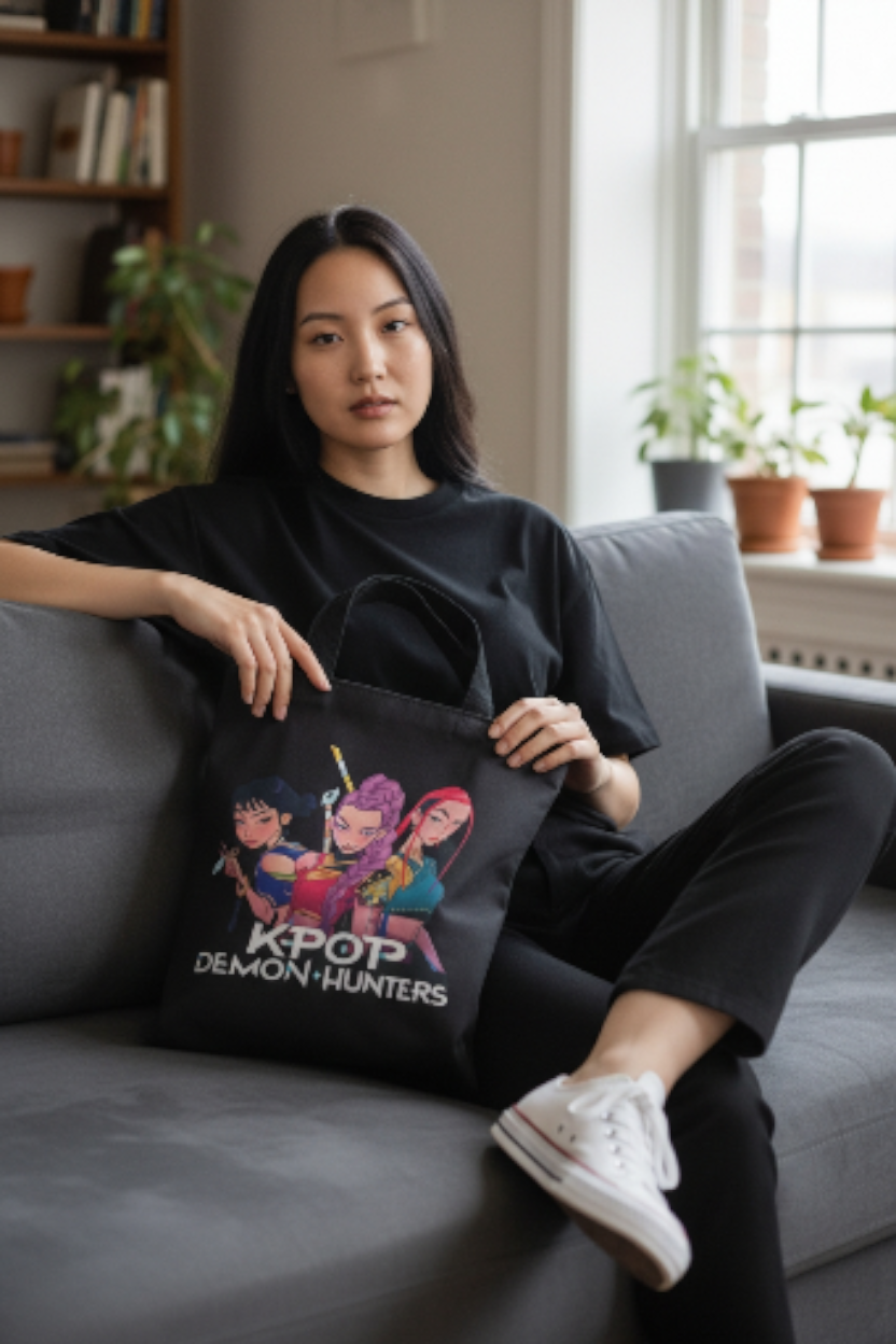 K-pop Demon Hunter tote bag, Huntrix Mia, Zoey, Rumi characters with zipper kpop