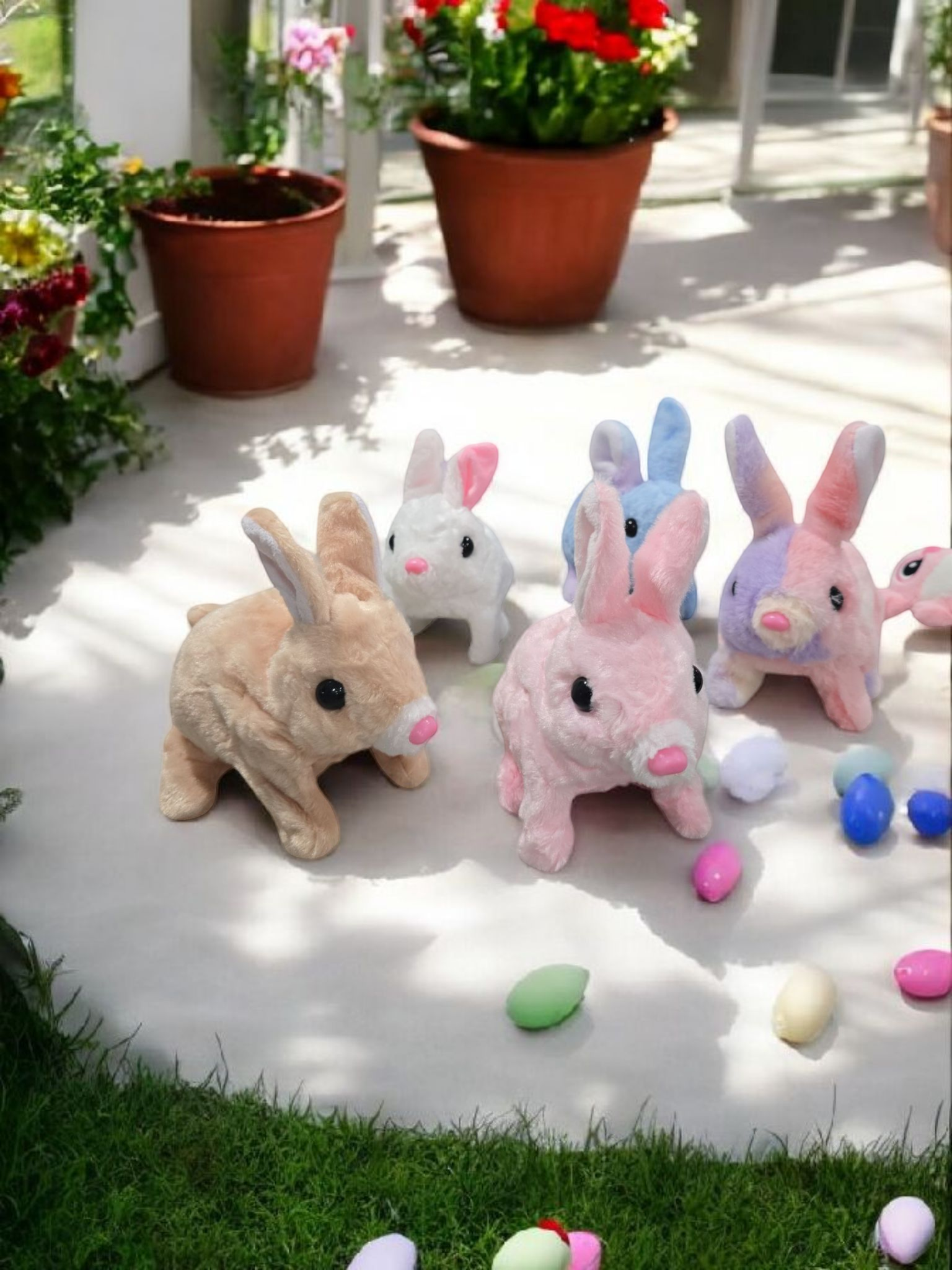 Easter plush rabbit electronic walker simulate a real pet, cute for kids, fun, gift operated with battery.