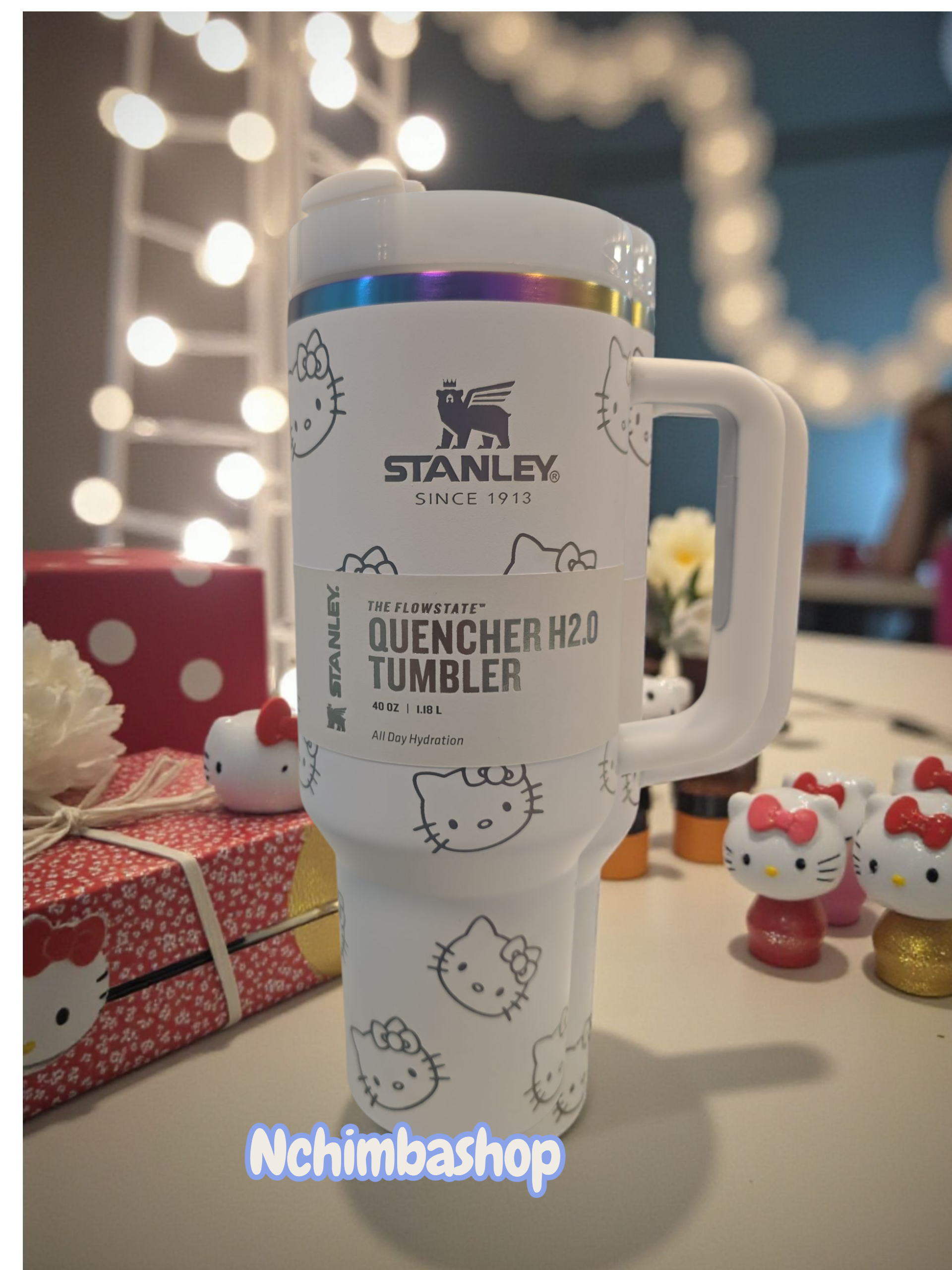 kitty tumber cup 40oz quencher with decals and laser engraved decoration with straw