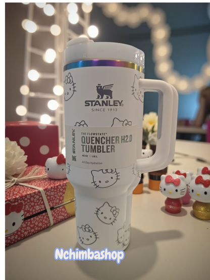 kitty tumber cup 40oz quencher with decals and laser engraved decoration with straw