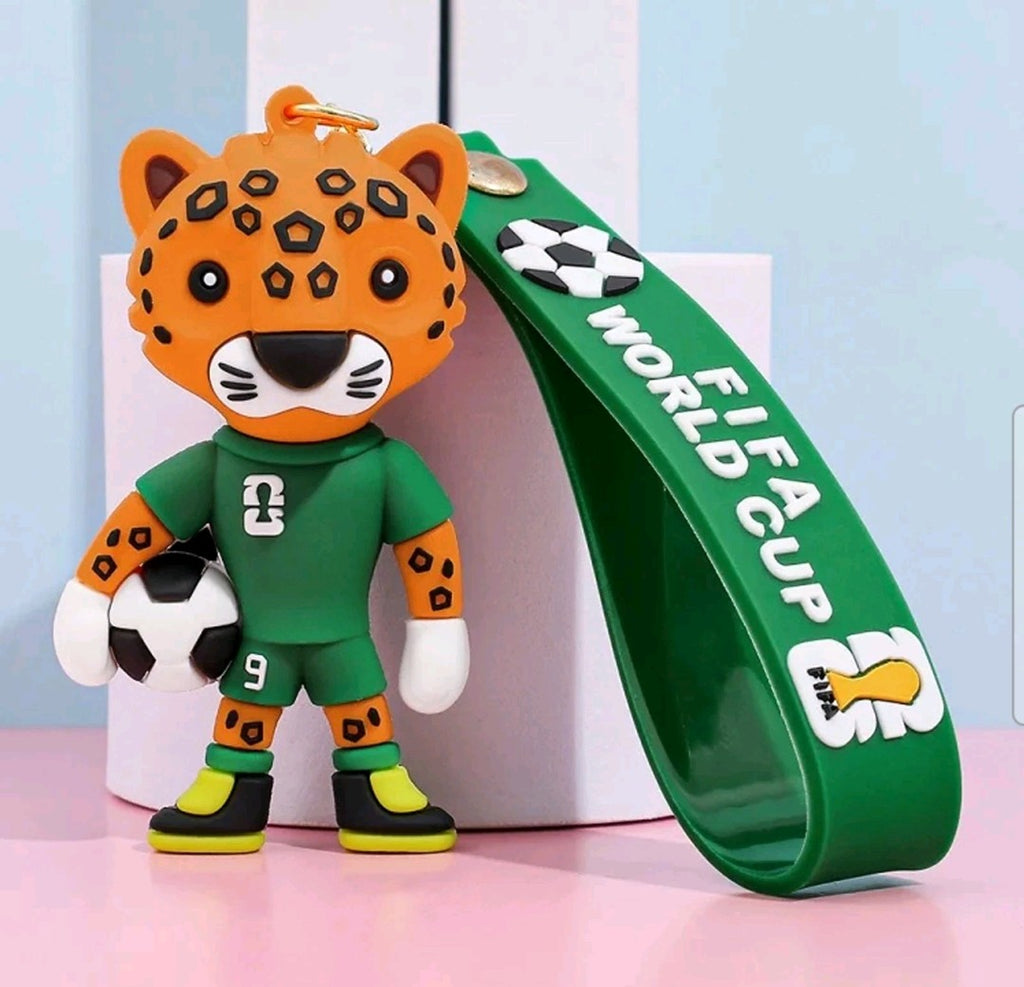 FIFA World Cup 2026 mascot keychain features a cartoon jaguar, commonly identified as Zayu, the mascot representing Mexico.
