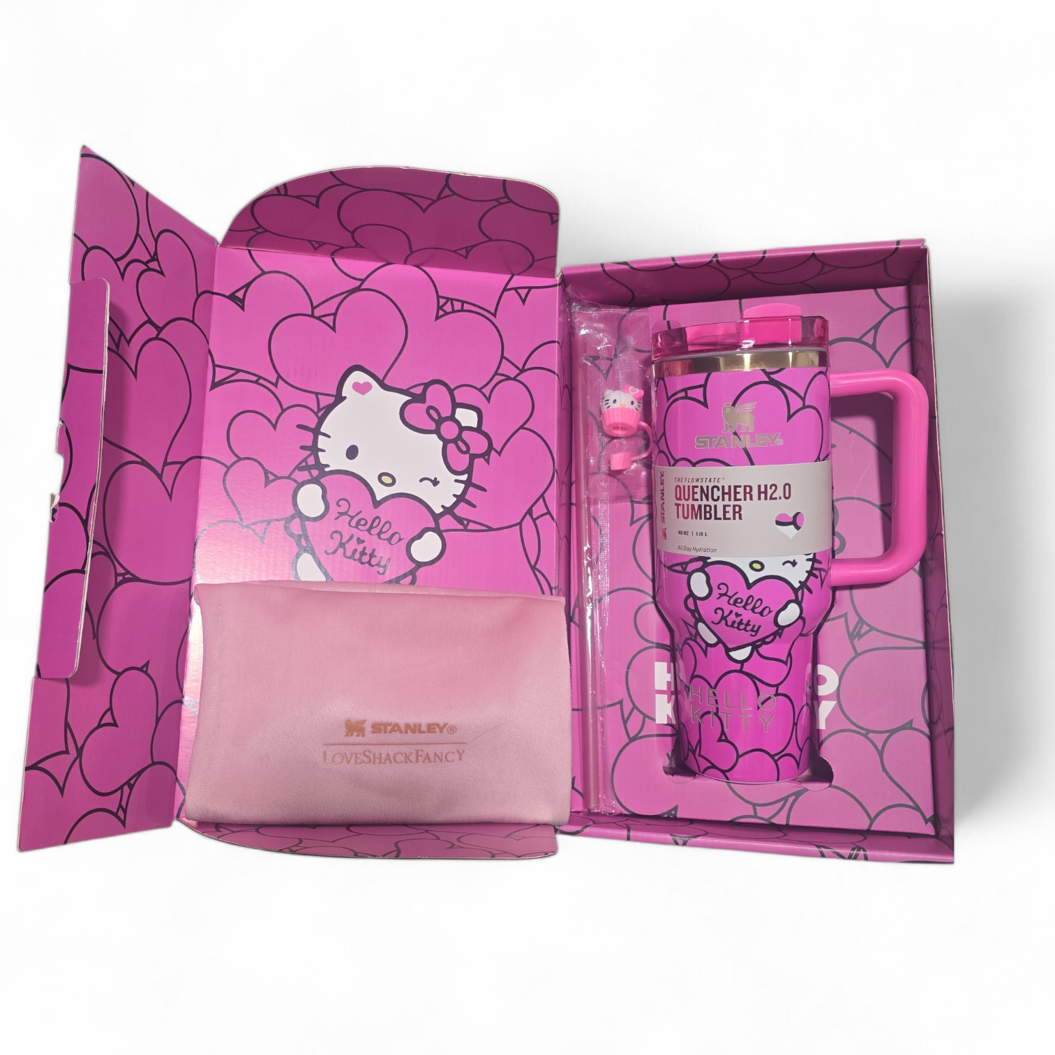 Hello kitty custom tumbler hearts edition cup 40oz quencher with decals decoration with straw, straw topper, elegant box and bag