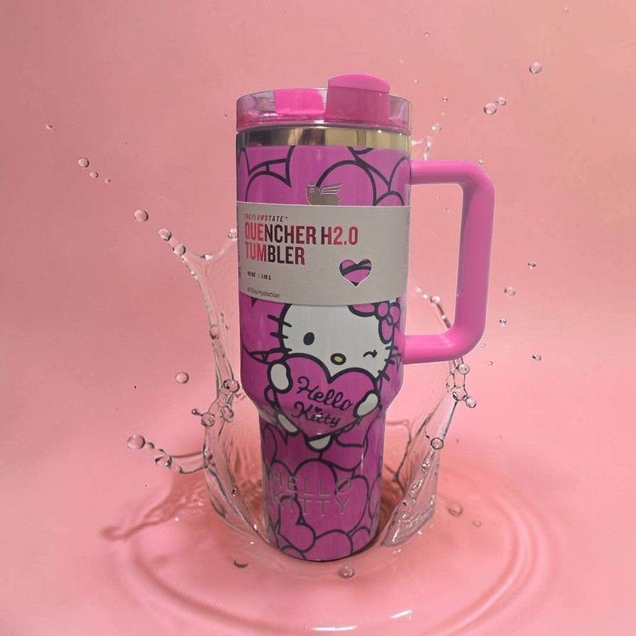 Hello kitty custom tumbler hearts edition cup 40oz quencher with decals decoration with straw, straw topper, elegant box and bag