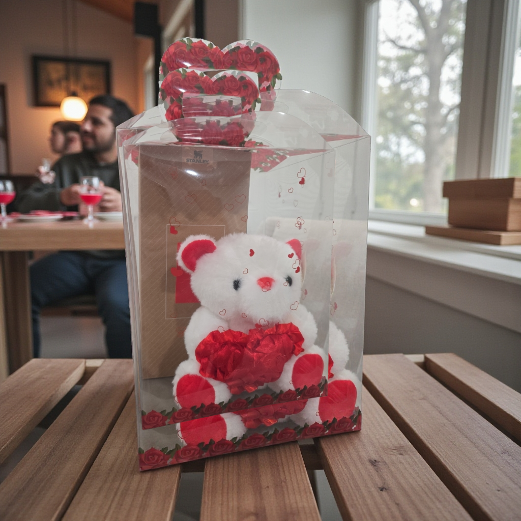 Valentine's basket red stanley and plushie build voice all together