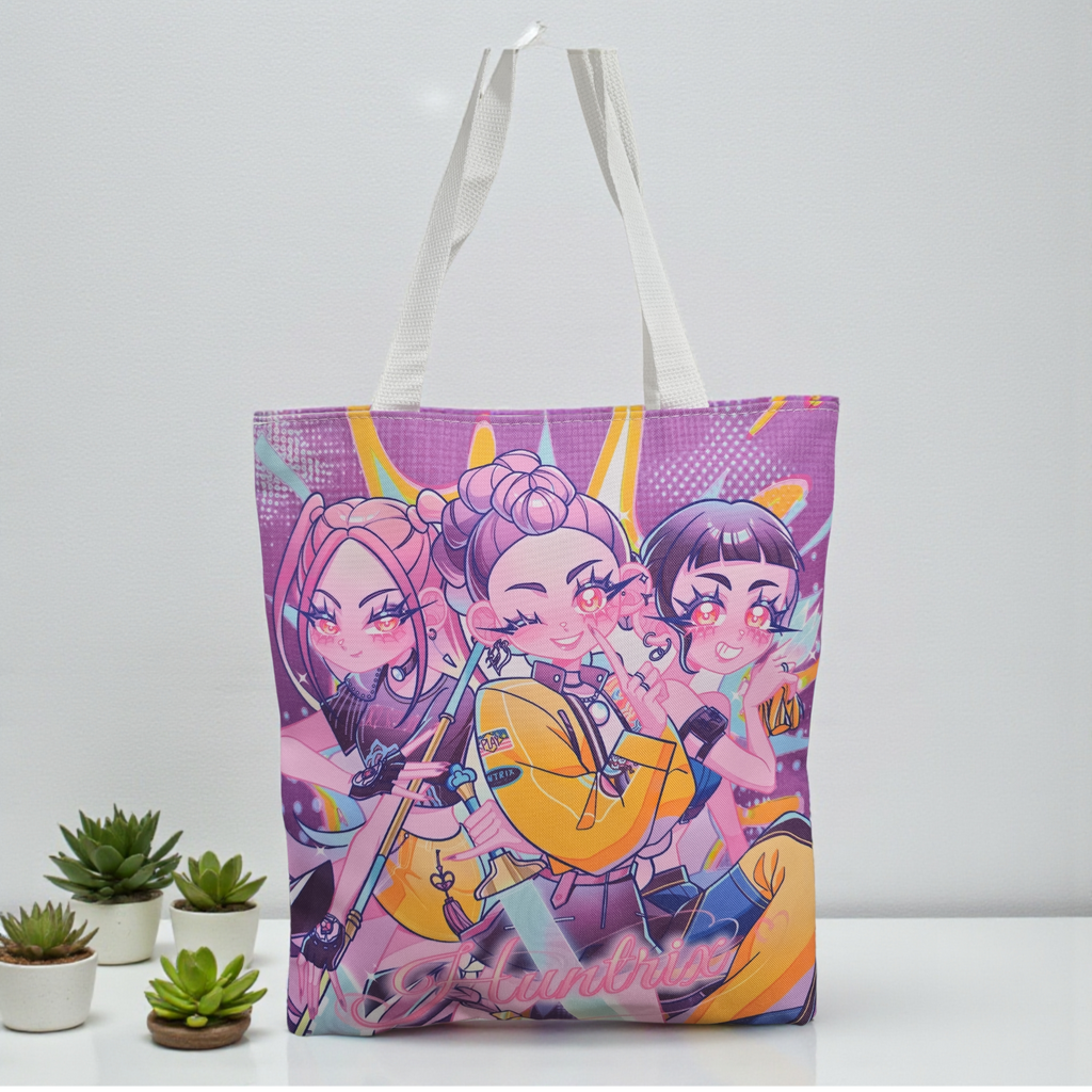 K-pop Demon Hunter tote bag, Huntrix Mia, Zoey, Rumi characters with zipper kpop