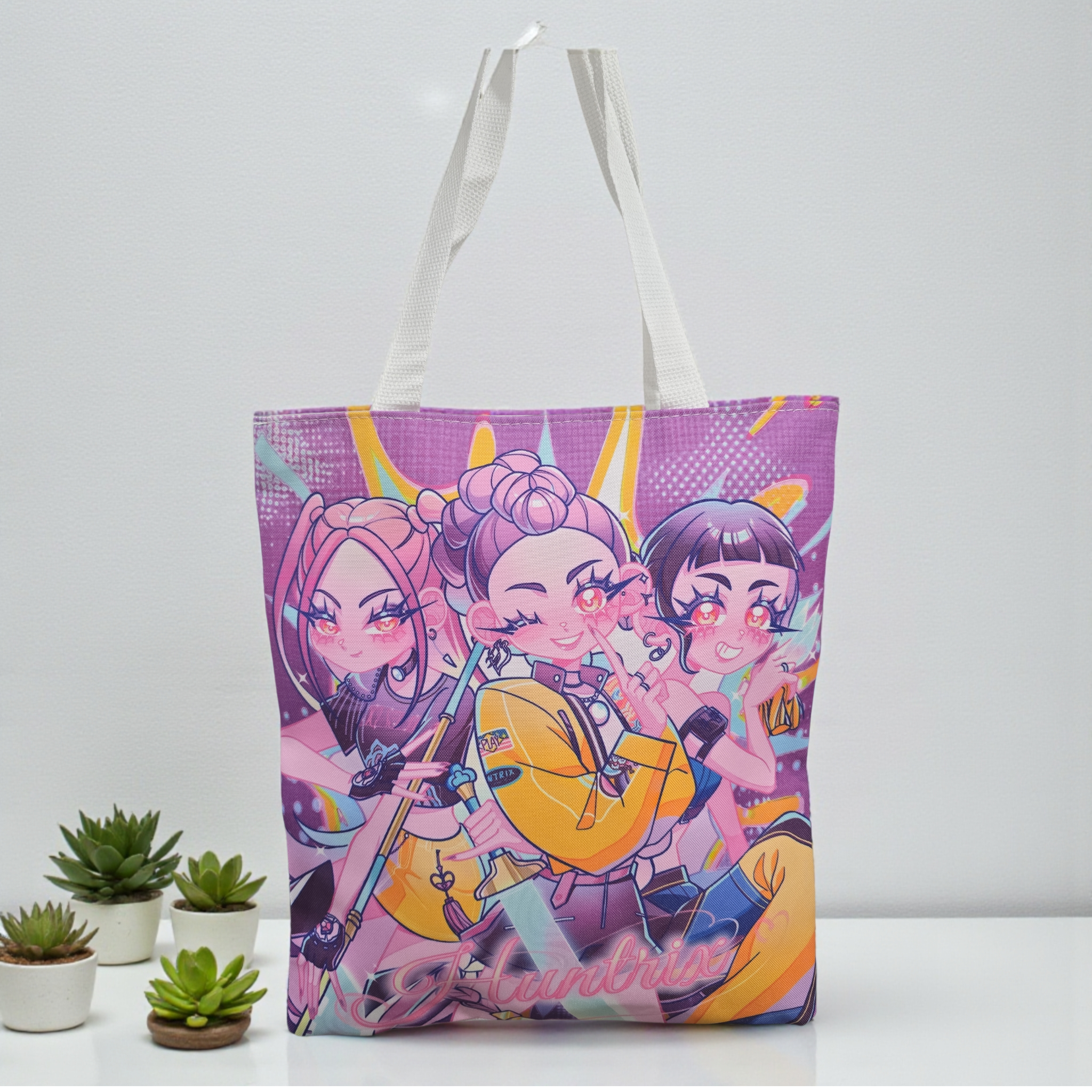 K-pop Demon Hunter tote bag, Huntrix Mia, Zoey, Rumi characters with zipper kpop