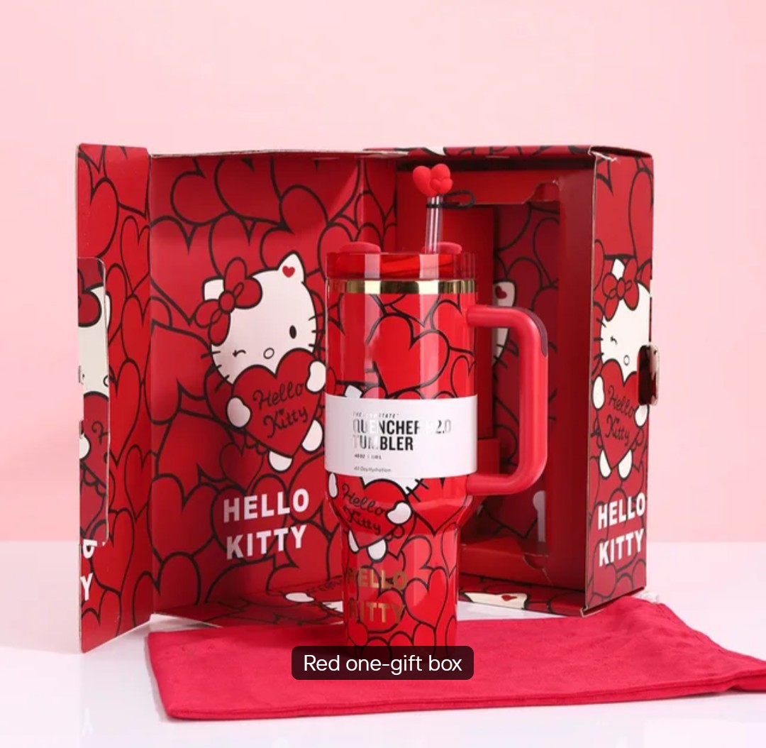 Hello kitty custom tumbler hearts edition cup 40oz quencher with decals decoration with straw, straw topper, elegant box and bag