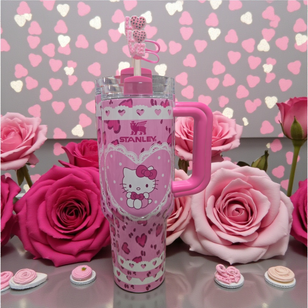 Valentine's kitty tumbler edition cup 40oz quencher with decals decoration with straw, straw topper, elegant box and bag