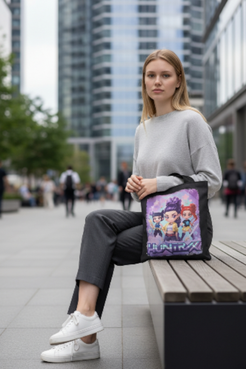 K-pop Demon Hunter tote bag, Huntrix Mia, Zoey, Rumi characters with zipper kpop