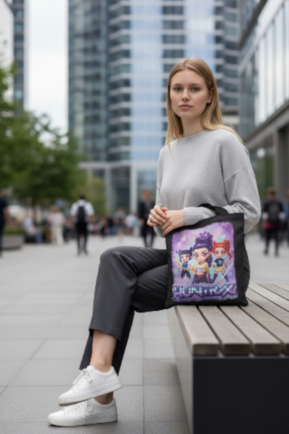 K-pop Demon Hunter tote bag, Huntrix Mia, Zoey, Rumi characters with zipper kpop