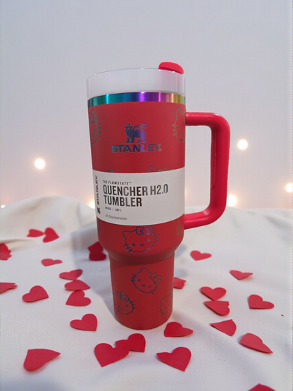 kitty tumber cup 40oz quencher with decals and laser engraved decoration with straw