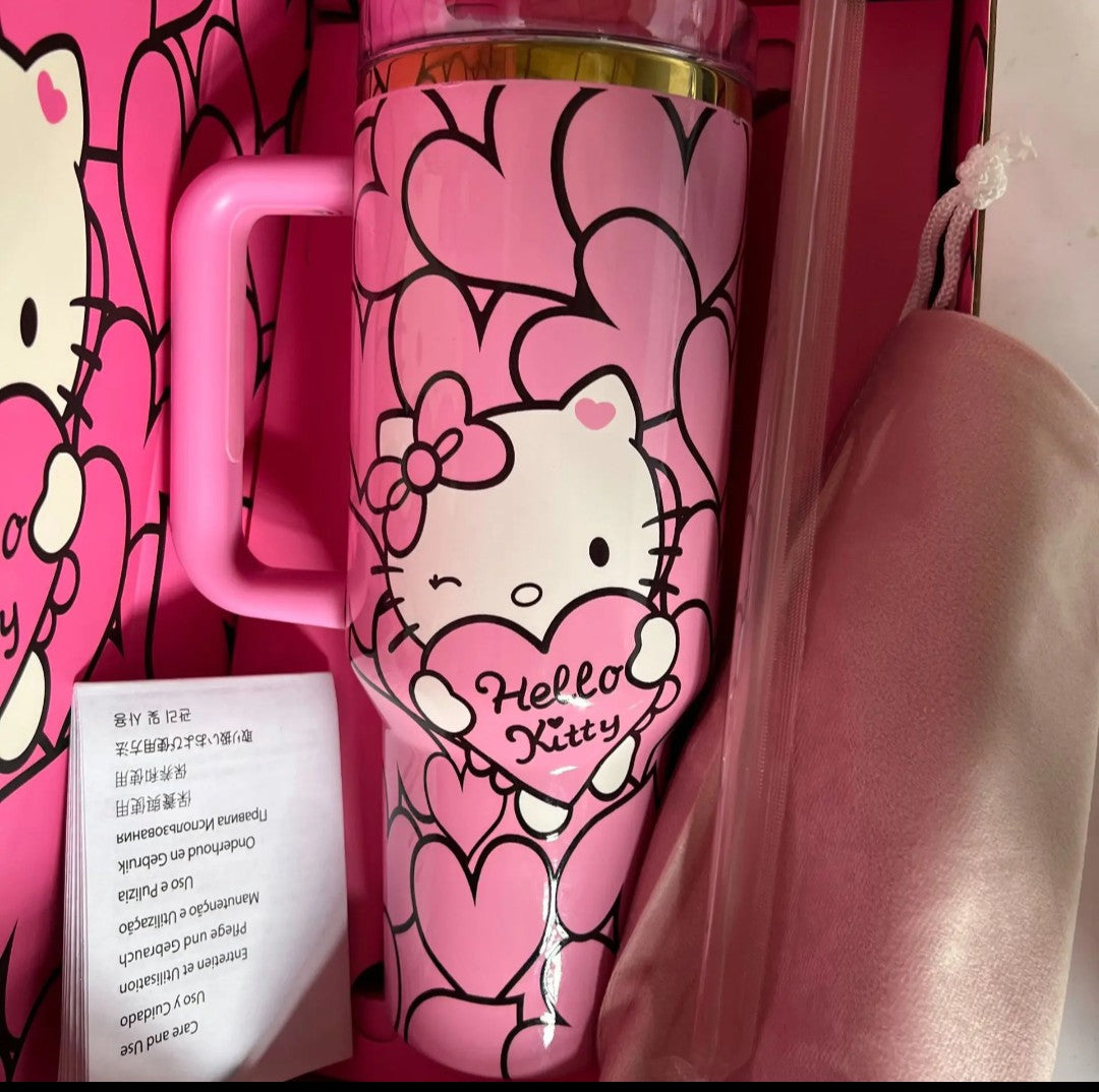 Hello kitty custom tumbler hearts edition cup 40oz quencher with decals decoration with straw, straw topper, elegant box and bag
