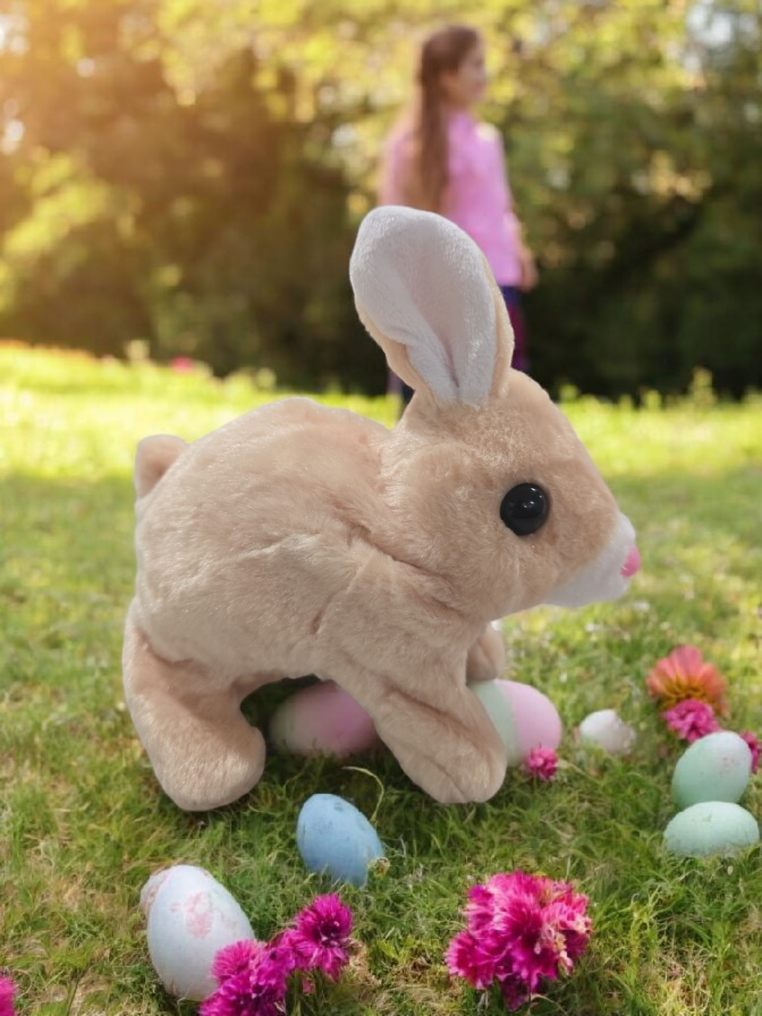 Easter plush rabbit electronic walker simulate a real pet, cute for kids, fun, gift operated with battery.