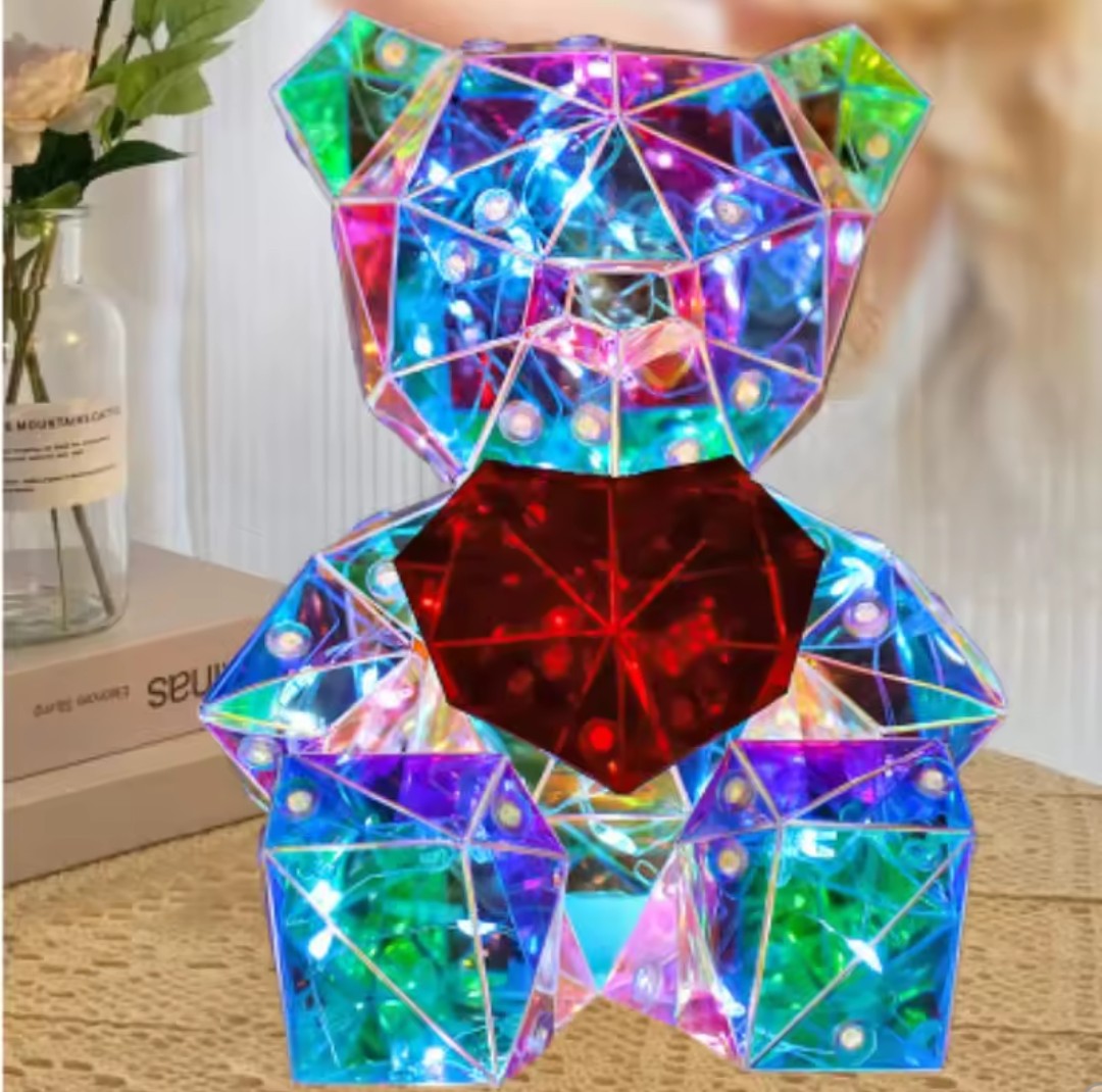 LED Light Up Bear Holographic Iridescent Lights Gift Low Poly Heart Bear Decoration Lights Led Lights Colorful Holiday Lighting Decorations USB Plug with QR Phone Control.(6x5x4.5)