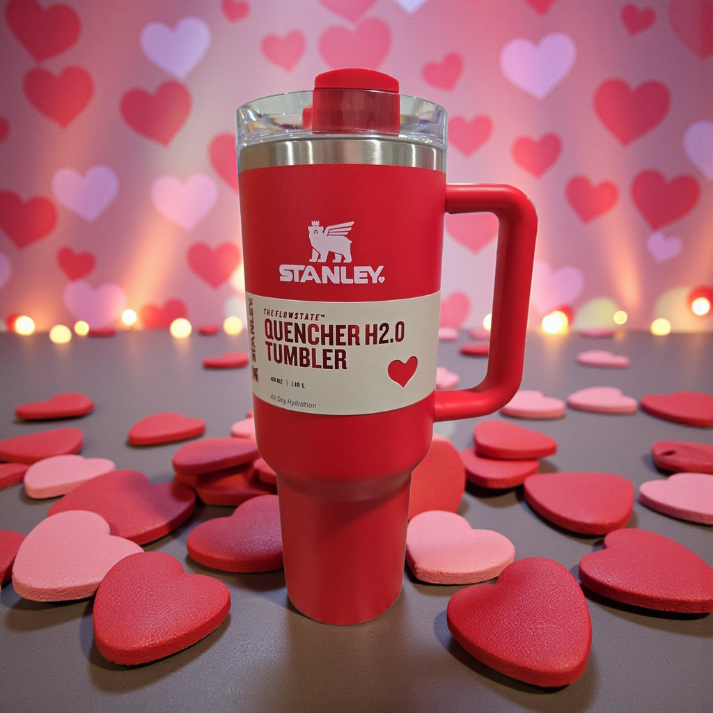 Valentine's basket red stanley and plushie build voice all together